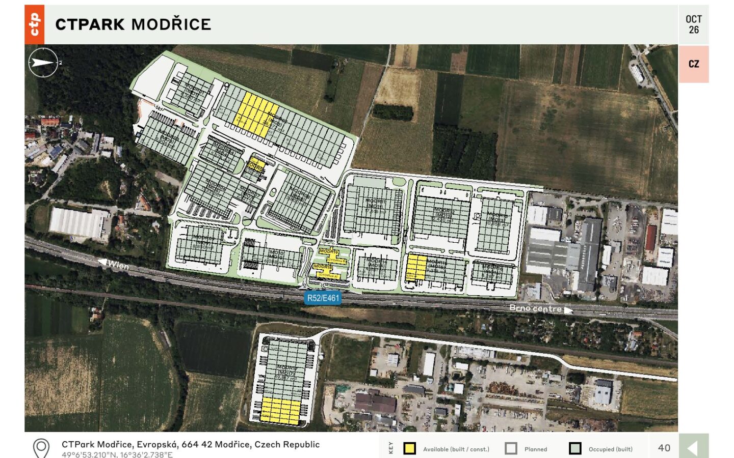 CTPark Modřice – layout areálu / site plan, 10/2026