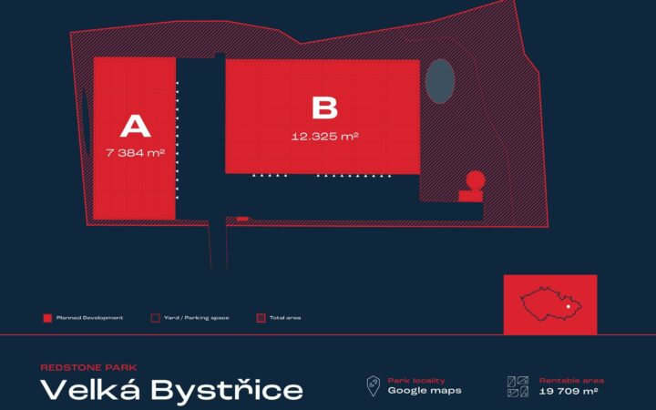 RS Park Velká Bystřice – situace areálu, haly A a B